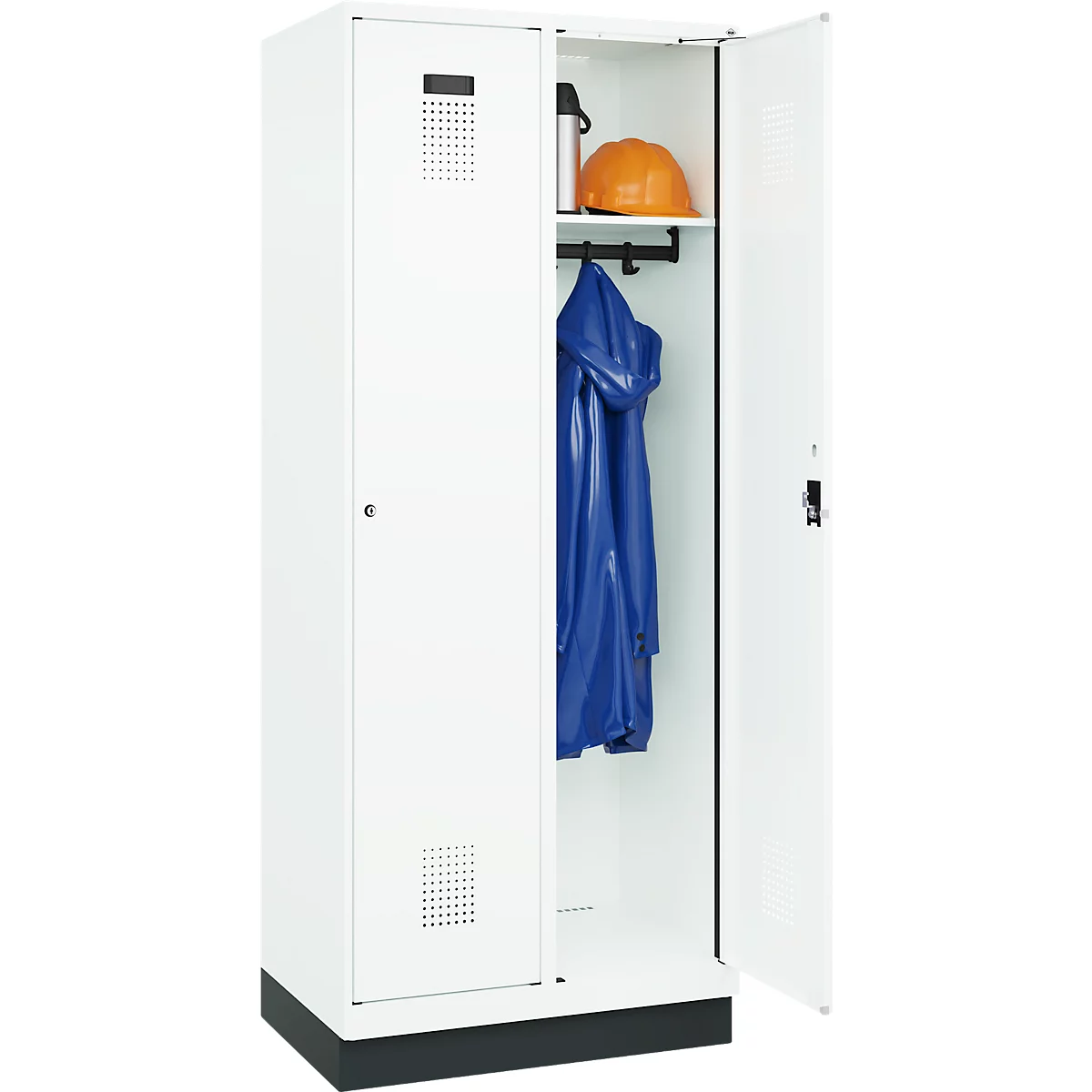 Vestiaire C+P Evolo Plus, 2 compartiments, largeur de compartiment 400 mm, avec socle, charnières à droite, L 800 x P 500 x H 1950 mm, cylindre, blanc signalisation/blanc trafic