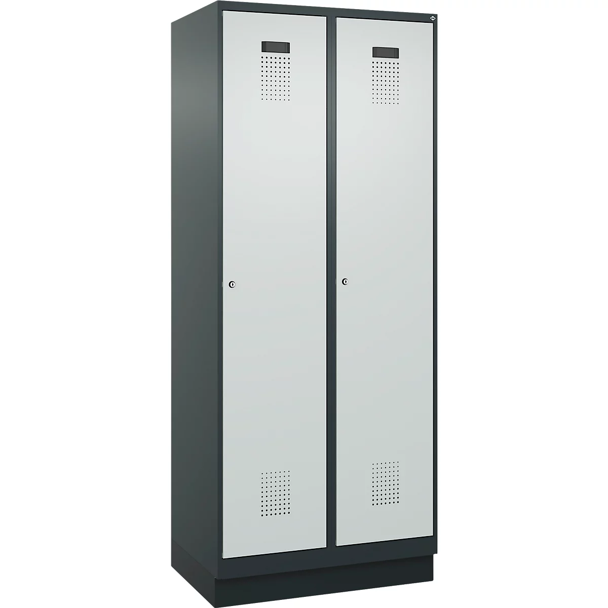 Vestiaire C+P Evolo Plus, 2 compartiments, largeur de compartiment 400 mm, avec socle, charnières à droite, L 800 x P 500 x H 1950 mm, cylindre, gris anthracite/gris clair