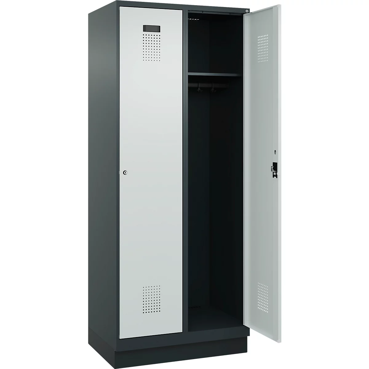 Vestiaire C+P Evolo Plus, 2 compartiments, largeur de compartiment 400 mm, avec socle, charnières à droite, L 800 x P 500 x H 1950 mm, cylindre, gris anthracite/gris clair