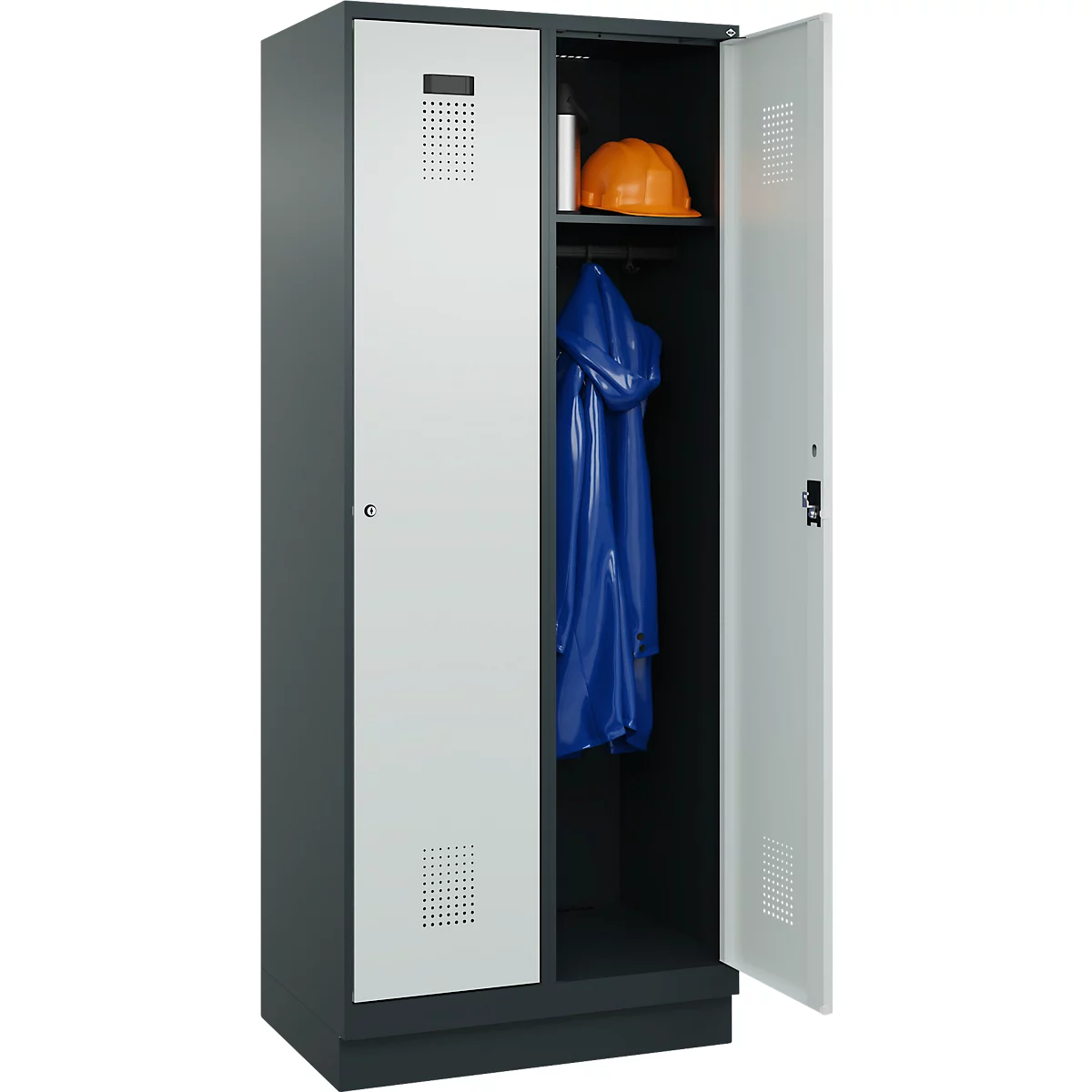 Vestiaire C+P Evolo Plus, 2 compartiments, largeur de compartiment 400 mm, avec socle, charnières à droite, L 800 x P 500 x H 1950 mm, cylindre, gris anthracite/gris clair