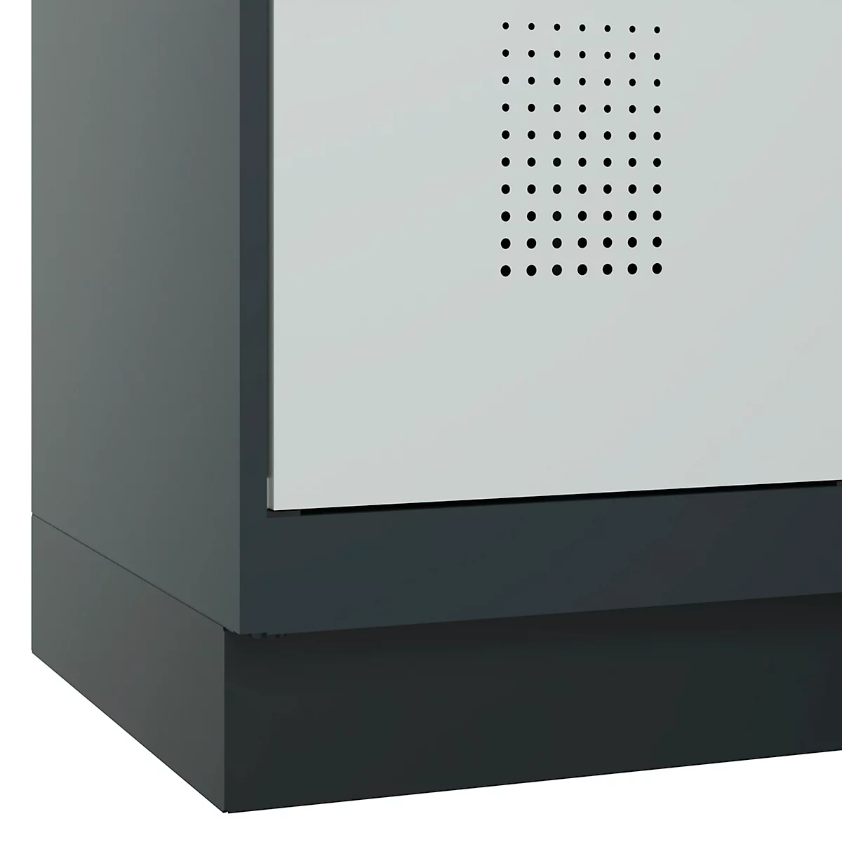 Vestiaire C+P Evolo Plus, 2 compartiments, largeur de compartiment 400 mm, avec socle, charnières à droite, L 800 x P 500 x H 1950 mm, cylindre, gris anthracite/gris clair
