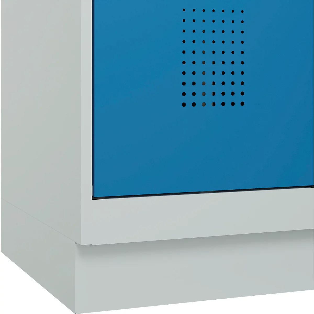 Vestiaire C+P Evolo Plus, 2 compartiments, largeur de compartiment 400 mm, avec socle, charnières à droite, L 800 x P 500 x H 1950 mm, cylindre, gris clair/bleu clair