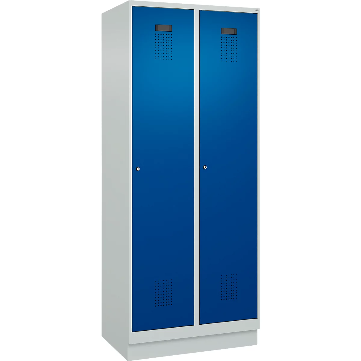 Vestiaire C+P Evolo Plus, 2 compartiments, largeur de compartiment 400 mm, avec socle, charnières à droite, L 800 x P 500 x H 1950 mm, cylindre, gris clair/bleu gentiane