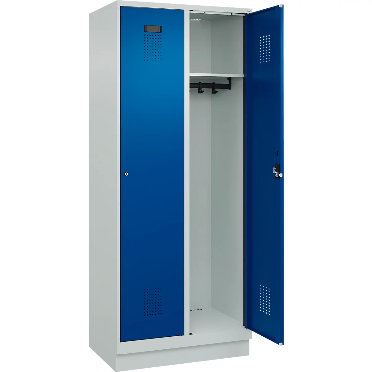 Vestiaire C+P Evolo Plus, 2 compartiments, largeur de compartiment 400 mm, avec socle, charnières à droite, L 800 x P 500 x H 1950 mm, cylindre, gris clair/bleu gentiane