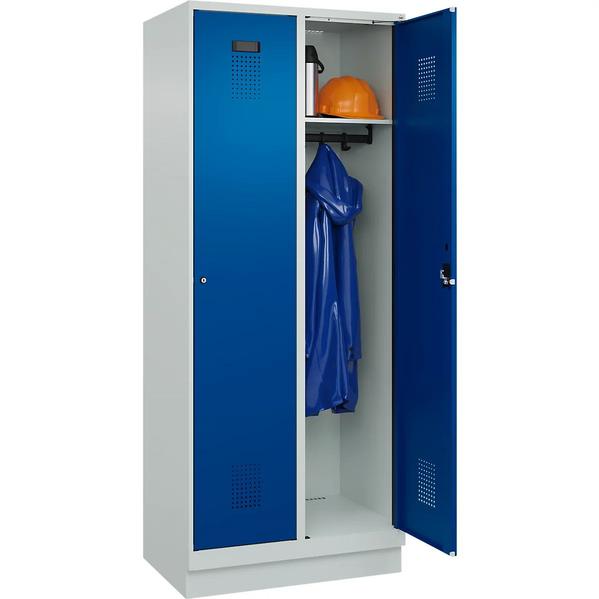 Vestiaire C+P Evolo Plus, 2 compartiments, largeur de compartiment 400 mm, avec socle, charnières à droite, L 800 x P 500 x H 1950 mm, cylindre, gris clair/bleu gentiane