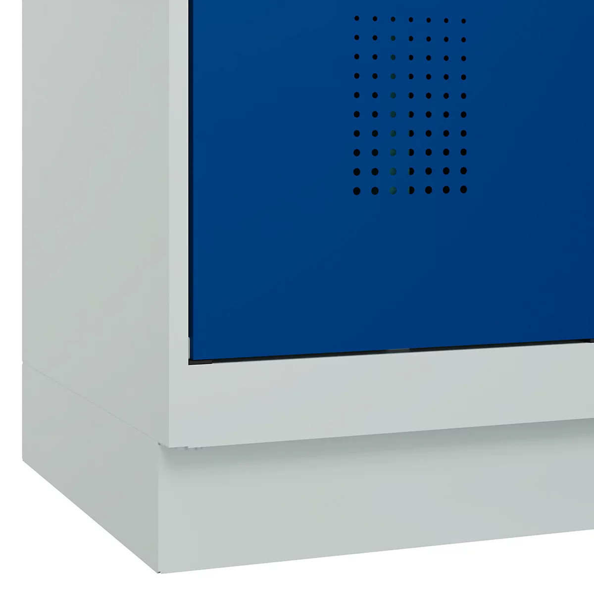 Vestiaire C+P Evolo Plus, 2 compartiments, largeur de compartiment 400 mm, avec socle, charnières à droite, L 800 x P 500 x H 1950 mm, cylindre, gris clair/bleu gentiane