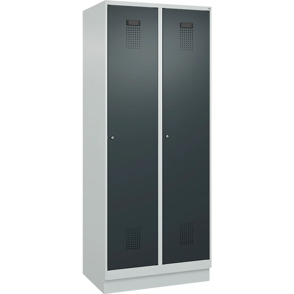Vestiaire C+P Evolo Plus, 2 compartiments, largeur de compartiment 400 mm, avec socle, charnières à droite, L 800 x P 500 x H 1950 mm, cylindre, gris clair/gris anthracite