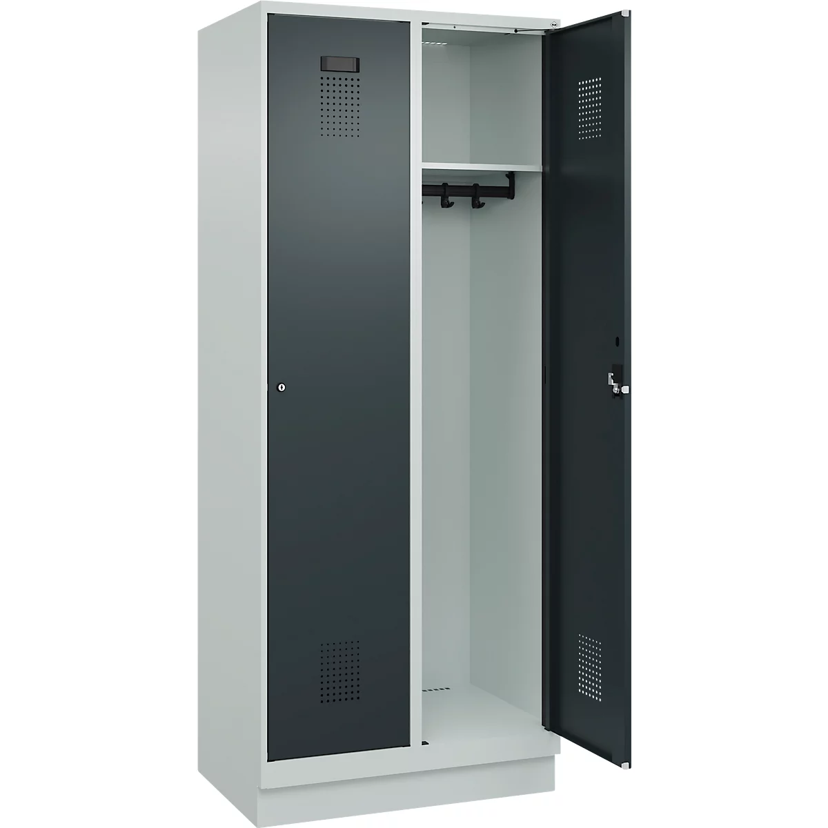 Vestiaire C+P Evolo Plus, 2 compartiments, largeur de compartiment 400 mm, avec socle, charnières à droite, L 800 x P 500 x H 1950 mm, cylindre, gris clair/gris anthracite