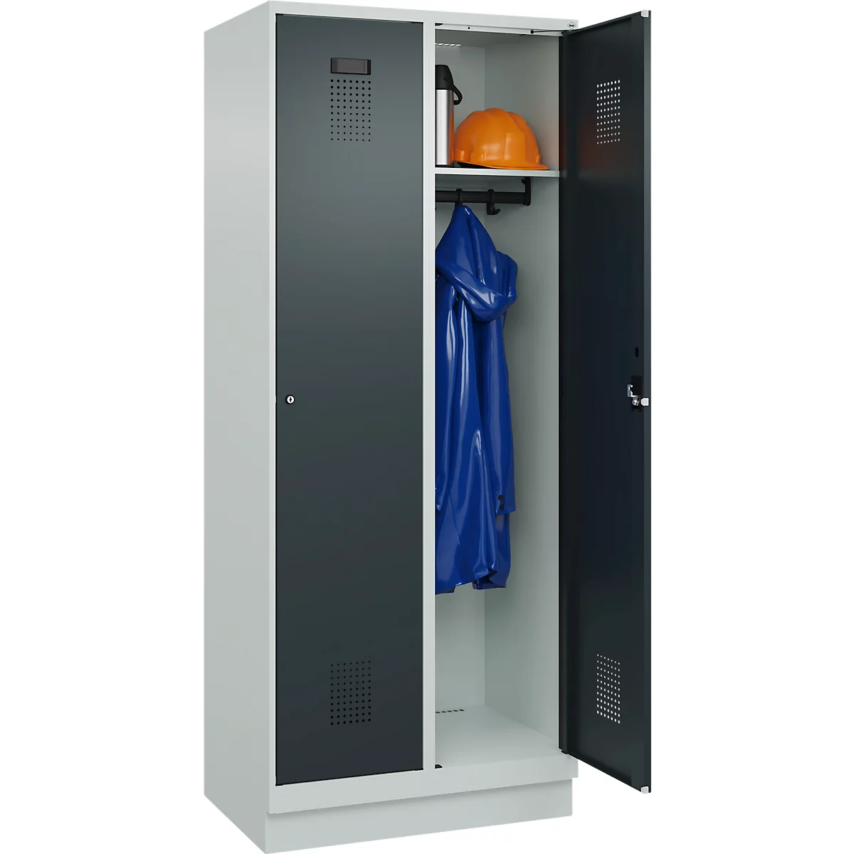 Vestiaire C+P Evolo Plus, 2 compartiments, largeur de compartiment 400 mm, avec socle, charnières à droite, L 800 x P 500 x H 1950 mm, cylindre, gris clair/gris anthracite