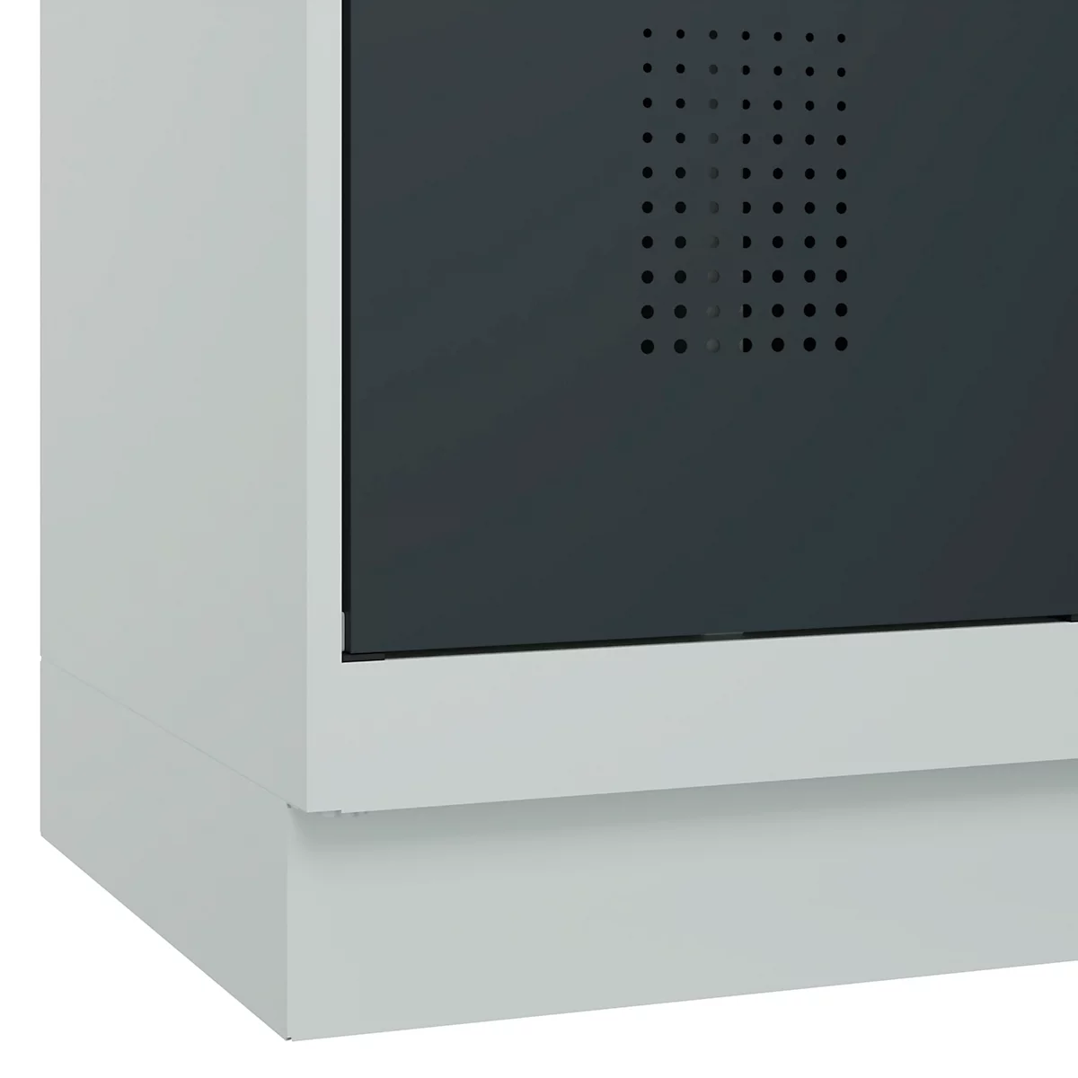 Vestiaire C+P Evolo Plus, 2 compartiments, largeur de compartiment 400 mm, avec socle, charnières à droite, L 800 x P 500 x H 1950 mm, cylindre, gris clair/gris anthracite