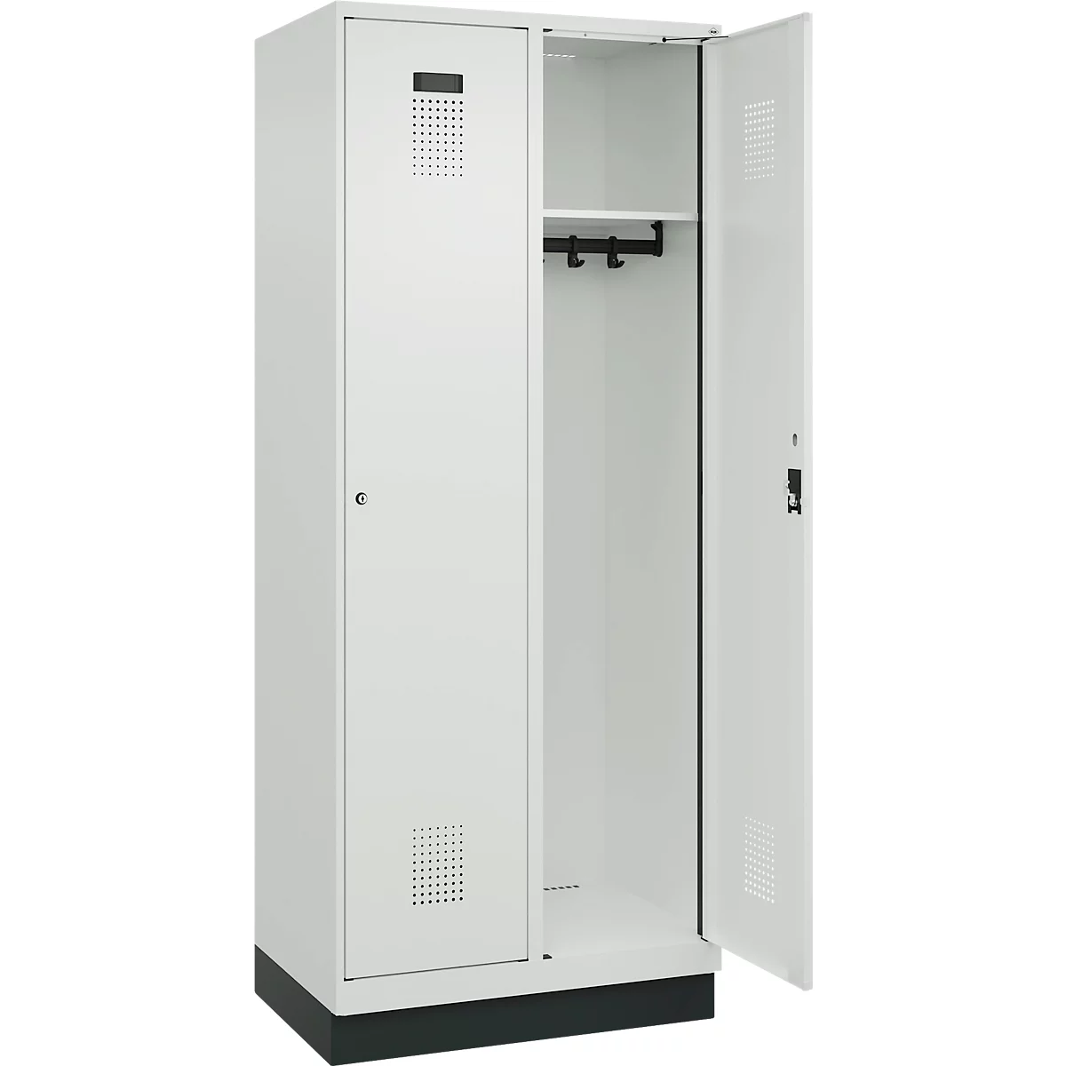 Vestiaire C+P Evolo Plus, 2 compartiments, largeur de compartiment 400 mm, avec socle, charnières à droite, L 800 x P 500 x H 1950 mm, cylindre, gris clair/gris clair