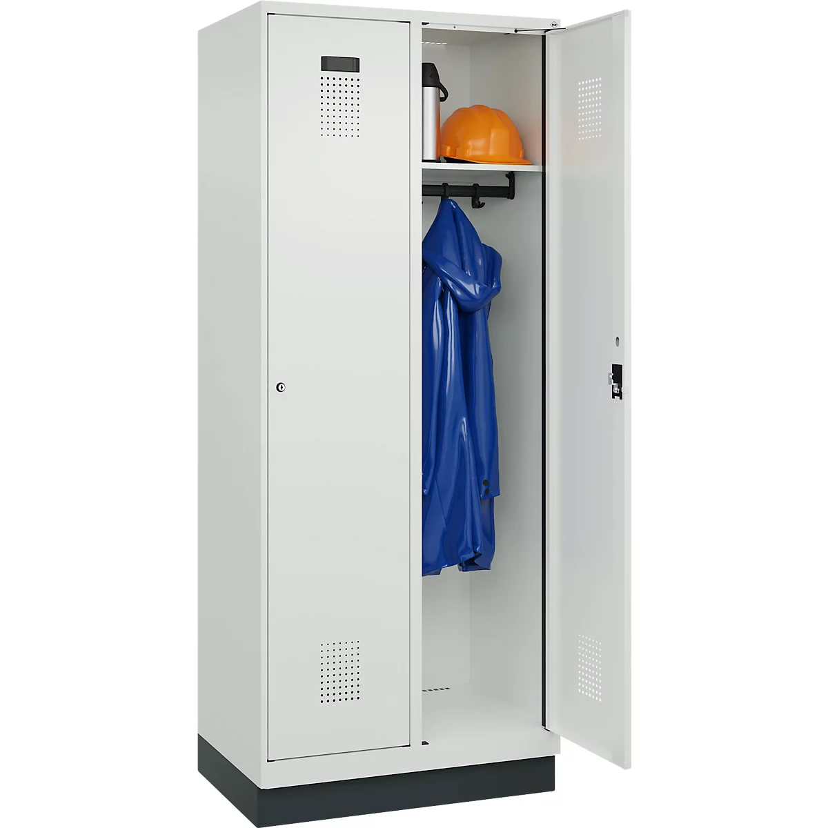 Vestiaire C+P Evolo Plus, 2 compartiments, largeur de compartiment 400 mm, avec socle, charnières à droite, L 800 x P 500 x H 1950 mm, cylindre, gris clair/gris clair