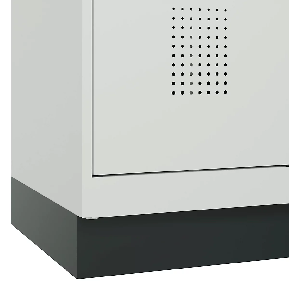 Vestiaire C+P Evolo Plus, 2 compartiments, largeur de compartiment 400 mm, avec socle, charnières à droite, L 800 x P 500 x H 1950 mm, cylindre, gris clair/gris clair