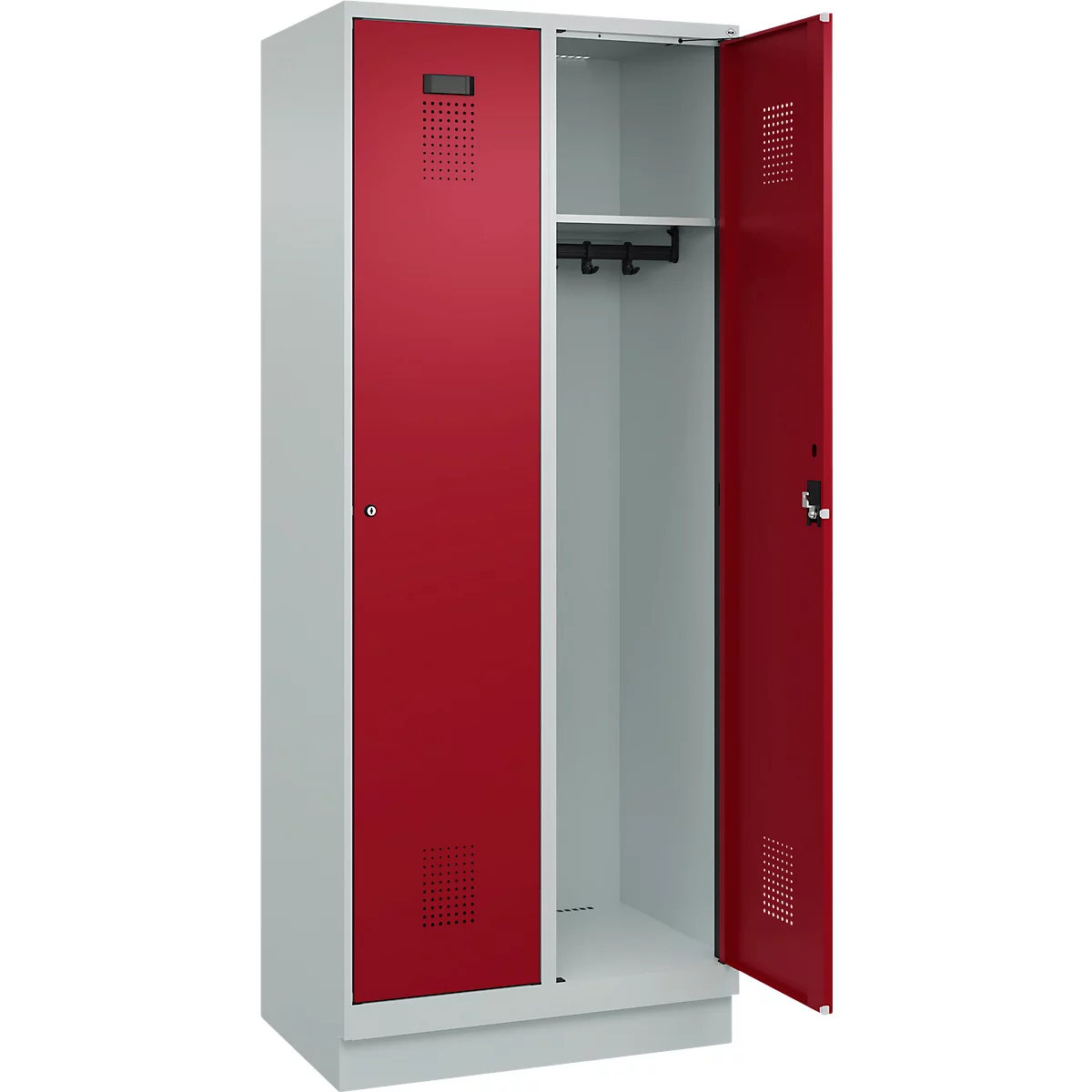 Vestiaire C+P Evolo Plus, 2 compartiments, largeur de compartiment 400 mm, avec socle, charnières à droite, L 800 x P 500 x H 1950 mm, cylindre, gris clair/rouge rubis