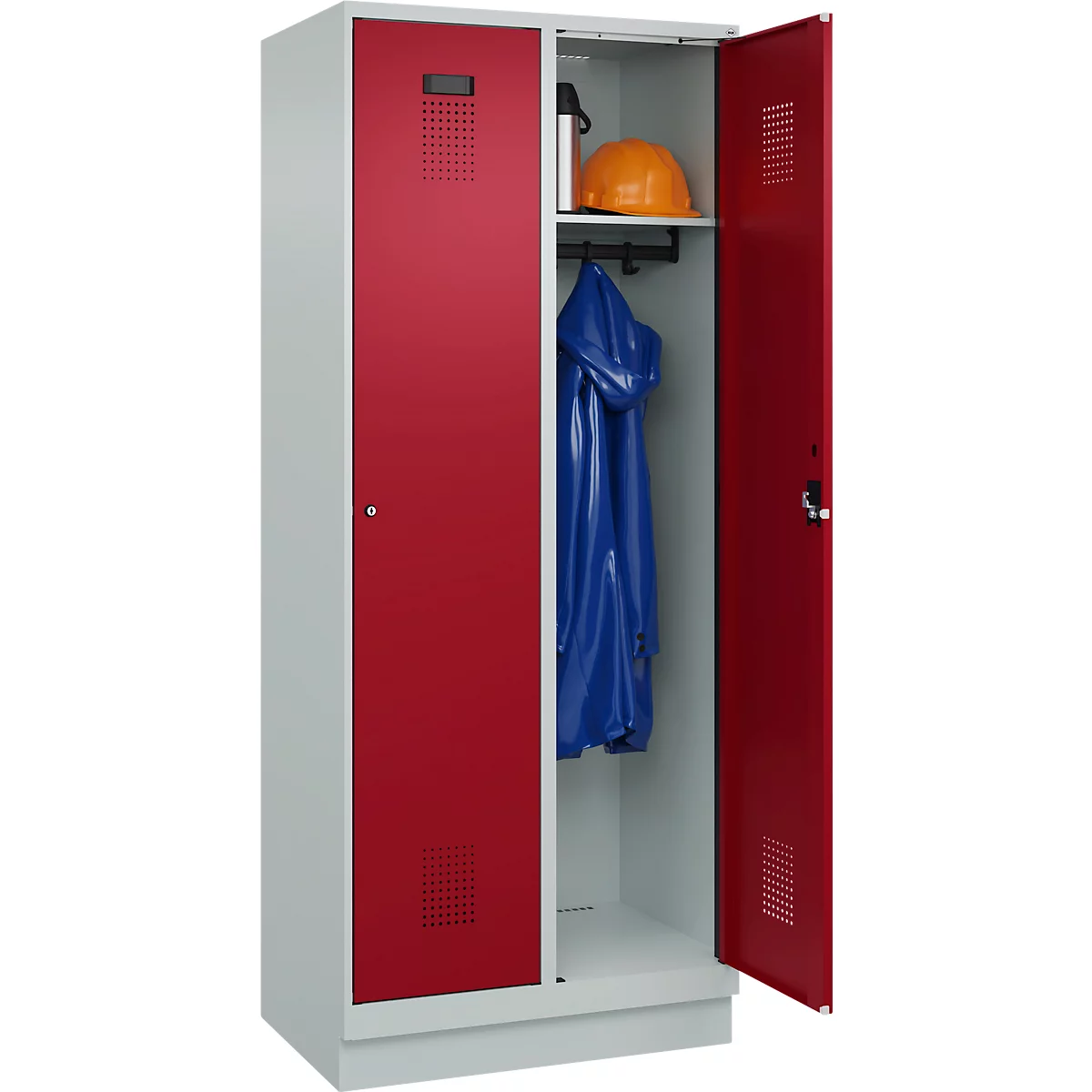 Vestiaire C+P Evolo Plus, 2 compartiments, largeur de compartiment 400 mm, avec socle, charnières à droite, L 800 x P 500 x H 1950 mm, cylindre, gris clair/rouge rubis
