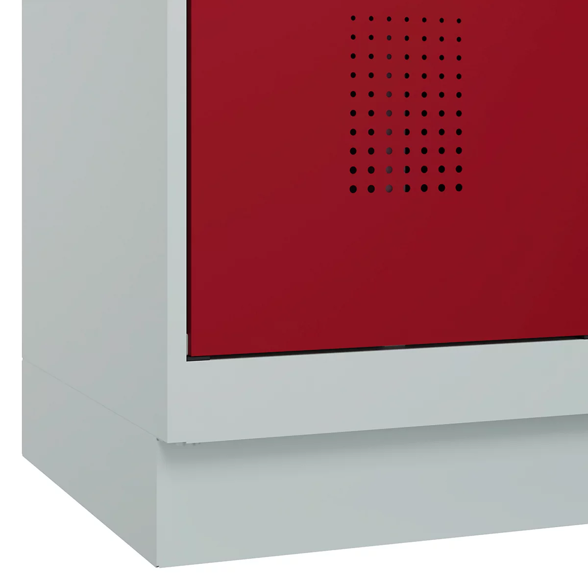 Vestiaire C+P Evolo Plus, 2 compartiments, largeur de compartiment 400 mm, avec socle, charnières à droite, L 800 x P 500 x H 1950 mm, cylindre, gris clair/rouge rubis