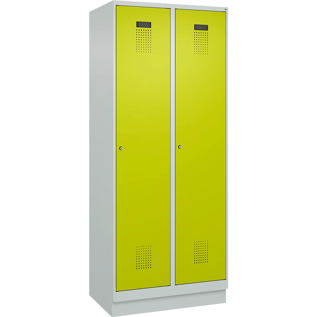 Vestiaire C+P Evolo Plus, 2 compartiments, largeur de compartiment 400 mm, avec socle, charnières à droite, L 800 x P 500 x H 1950 mm, cylindre, gris clair/vert clown