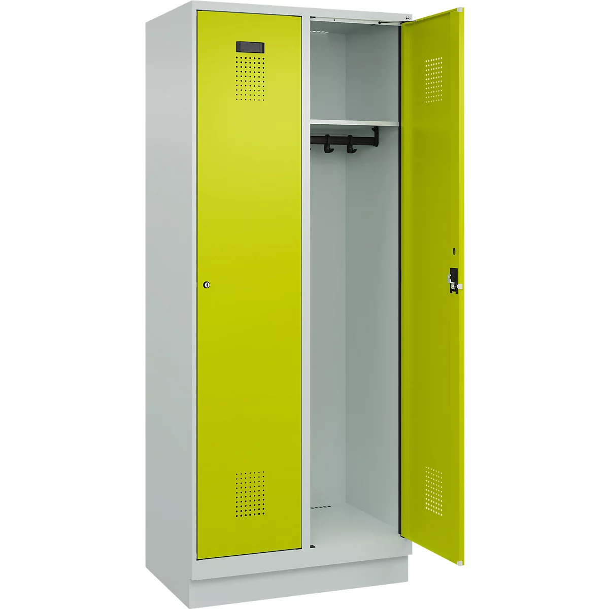 Vestiaire C+P Evolo Plus, 2 compartiments, largeur de compartiment 400 mm, avec socle, charnières à droite, L 800 x P 500 x H 1950 mm, cylindre, gris clair/vert clown