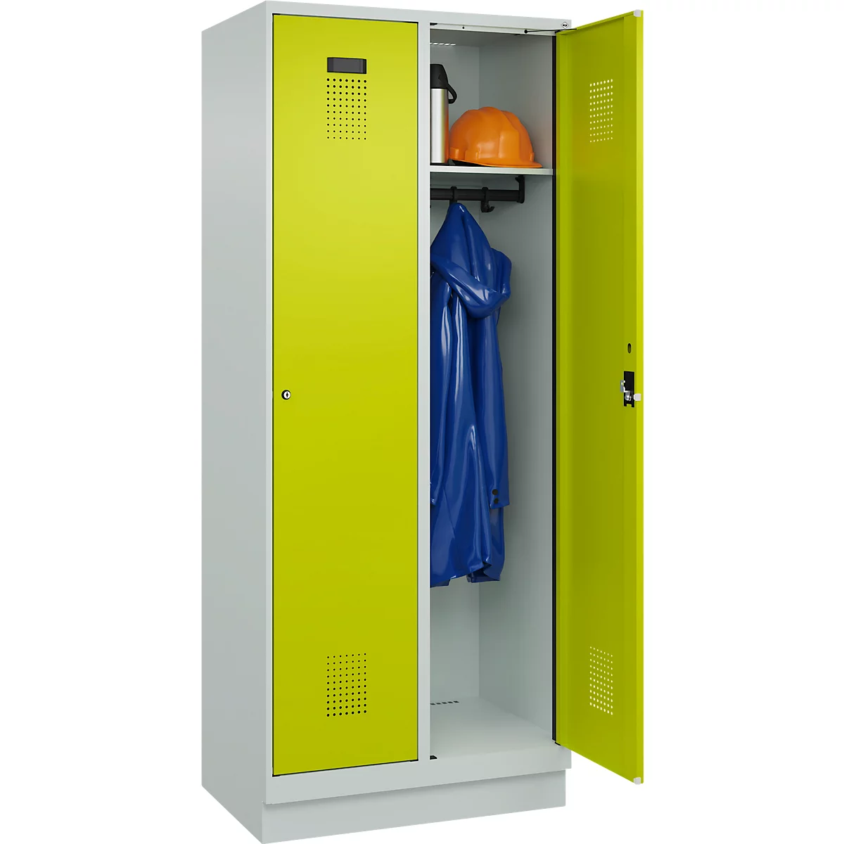 Vestiaire C+P Evolo Plus, 2 compartiments, largeur de compartiment 400 mm, avec socle, charnières à droite, L 800 x P 500 x H 1950 mm, cylindre, gris clair/vert clown