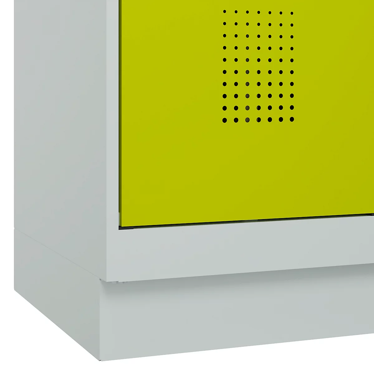 Vestiaire C+P Evolo Plus, 2 compartiments, largeur de compartiment 400 mm, avec socle, charnières à droite, L 800 x P 500 x H 1950 mm, cylindre, gris clair/vert clown