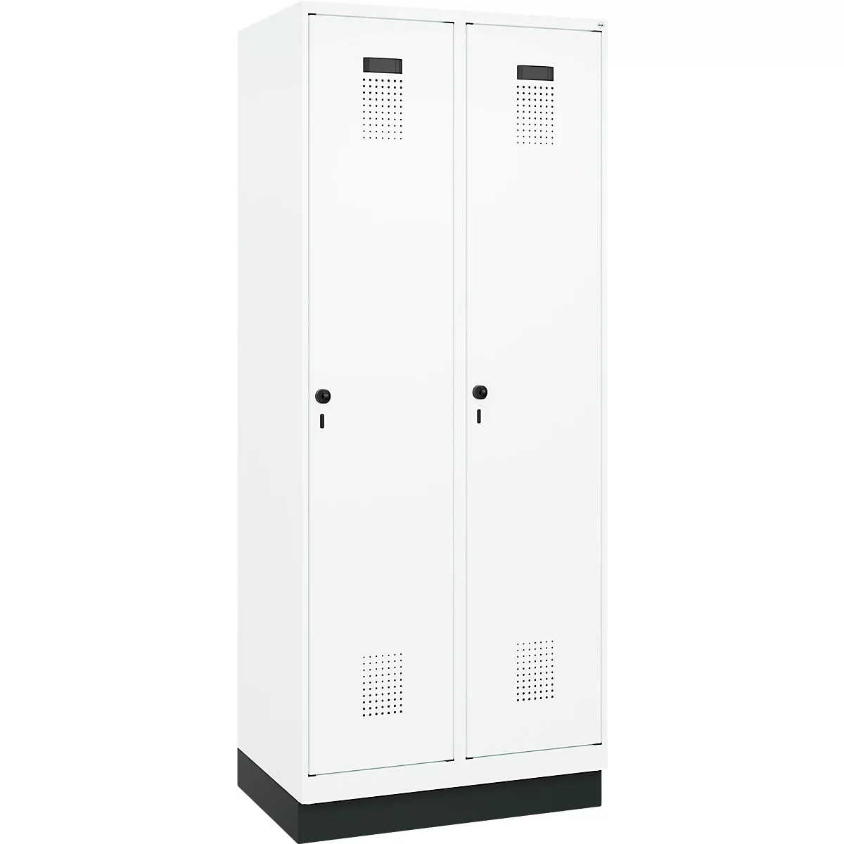 Vestiaire C+P Evolo Plus, 2 compartiments, largeur de compartiment 400 mm, avec socle, charnières à droite, L 800 x P 500 x H 1950 mm, verrou tournant, blanc signalisation/blanc trafic