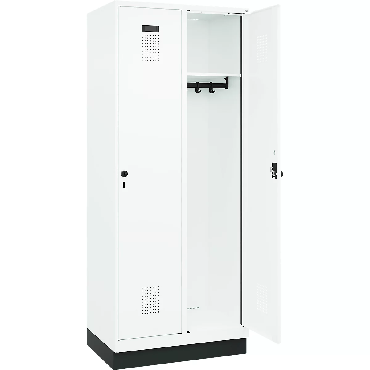 Vestiaire C+P Evolo Plus, 2 compartiments, largeur de compartiment 400 mm, avec socle, charnières à droite, L 800 x P 500 x H 1950 mm, verrou tournant, blanc signalisation/blanc trafic