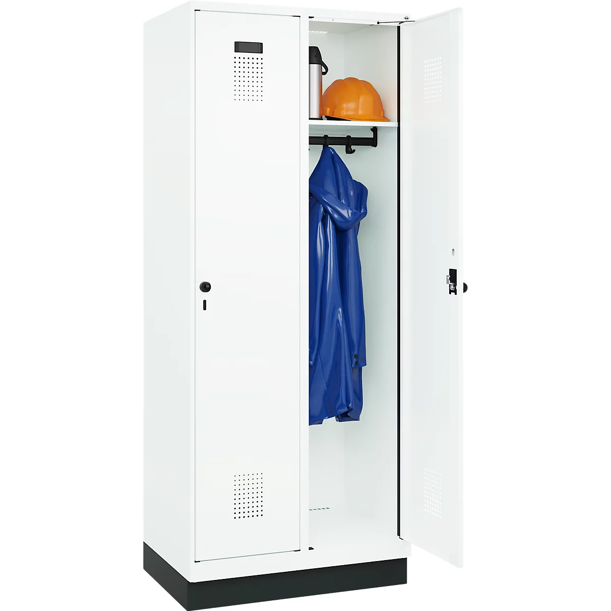 Vestiaire C+P Evolo Plus, 2 compartiments, largeur de compartiment 400 mm, avec socle, charnières à droite, L 800 x P 500 x H 1950 mm, verrou tournant, blanc signalisation/blanc trafic