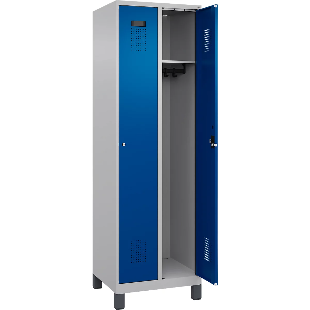 Vestiaire C+P Evolo Plus, 2 compartiments, largeur des compartiments 300 mm, avec pieds, charnières à droite, serrure à cylindre, L 600 x P 500 x H 1950 mm, aluminium blanc/bleu gentiane