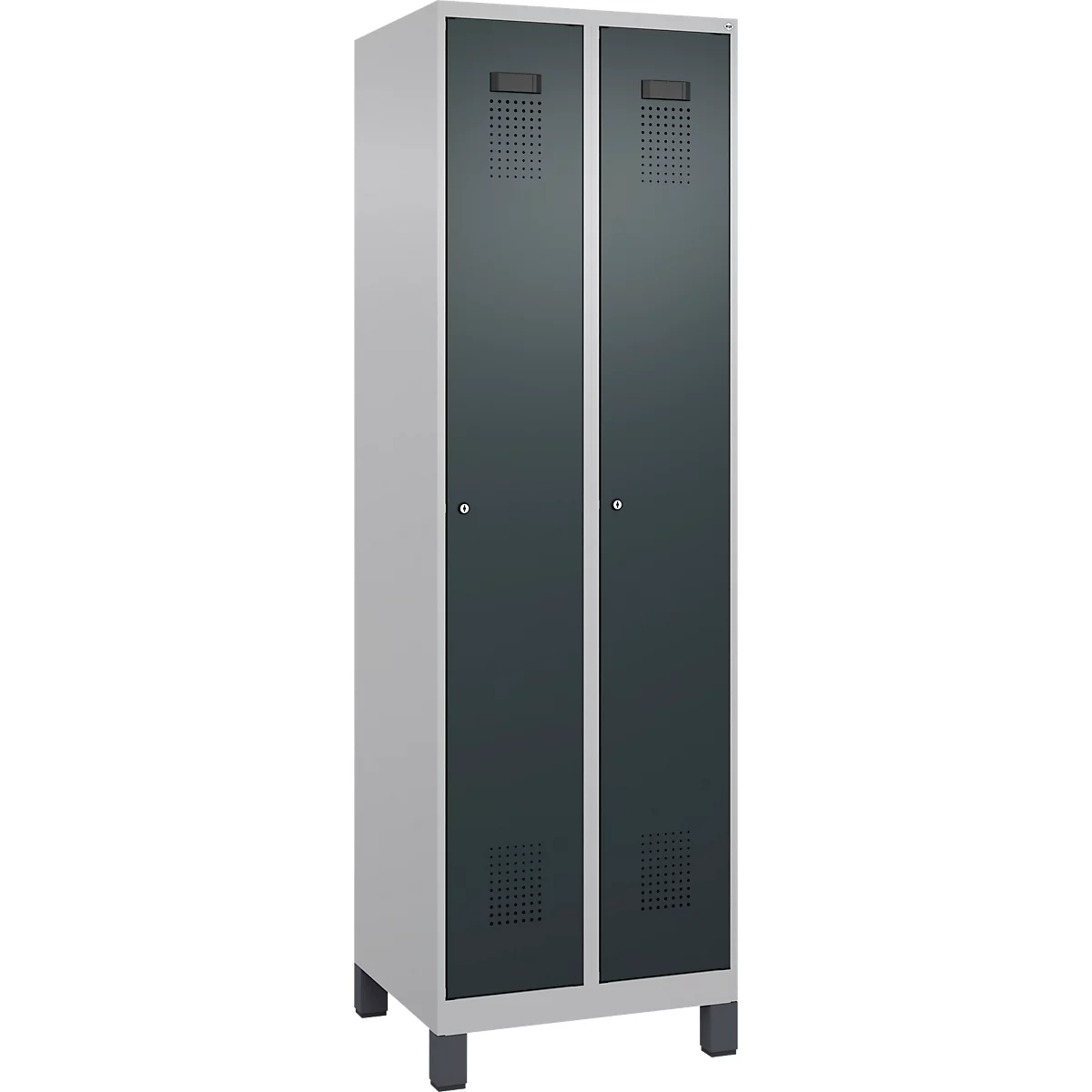Vestiaire C+P Evolo Plus, 2 compartiments, largeur des compartiments 300 mm, avec pieds, charnières à droite, serrure à cylindre, L 600 x P 500 x H 1950 mm, aluminium blanc/gris anthracite