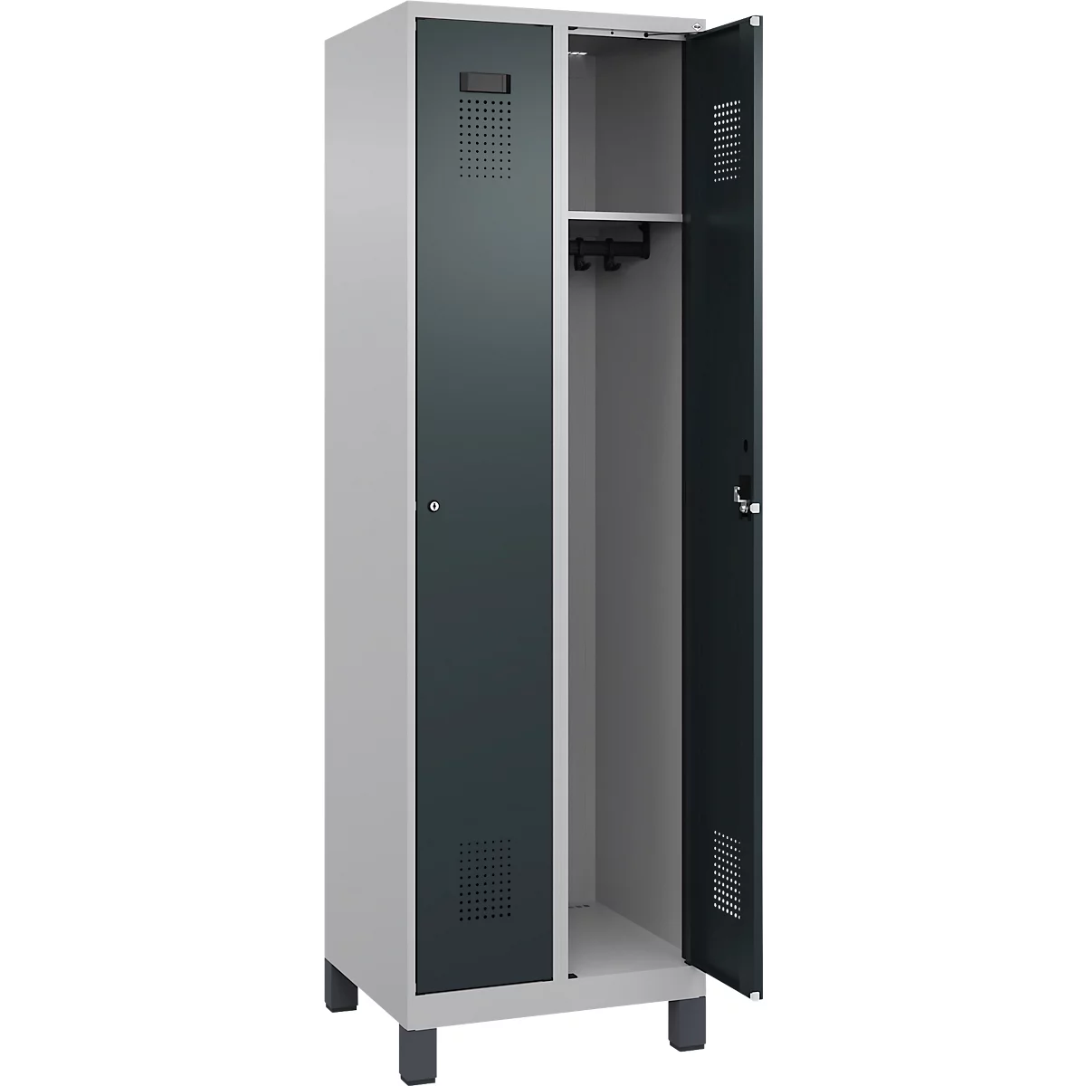 Vestiaire C+P Evolo Plus, 2 compartiments, largeur des compartiments 300 mm, avec pieds, charnières à droite, serrure à cylindre, L 600 x P 500 x H 1950 mm, aluminium blanc/gris anthracite