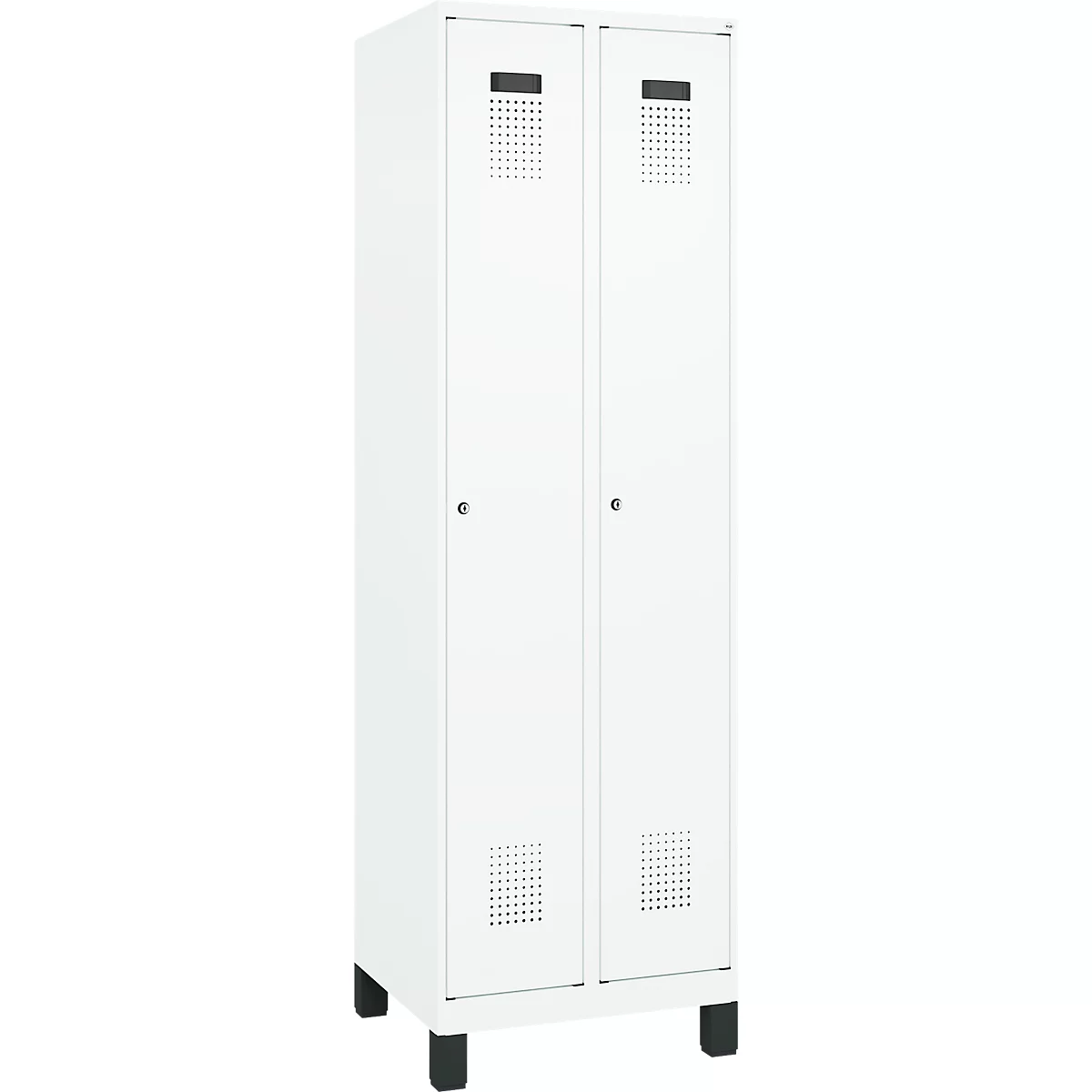 Vestiaire C+P Evolo Plus, 2 compartiments, largeur des compartiments 300 mm, avec pieds, charnières à droite, serrure à cylindre, L 600 x P 500 x H 1950 mm, blanc trafic/blanc trafic