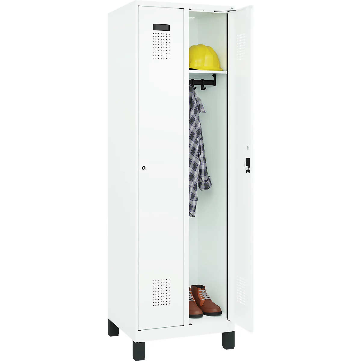 Vestiaire C+P Evolo Plus, 2 compartiments, largeur des compartiments 300 mm, avec pieds, charnières à droite, serrure à cylindre, L 600 x P 500 x H 1950 mm, blanc trafic/blanc trafic