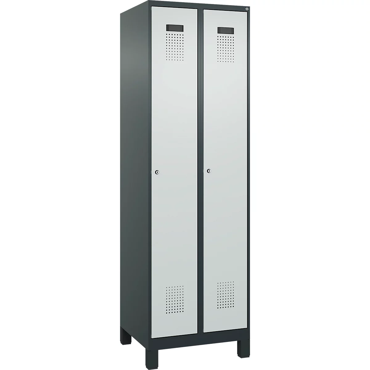 Vestiaire C+P Evolo Plus, 2 compartiments, largeur des compartiments 300 mm, avec pieds, charnières à droite, serrure à cylindre, L 600 x P 500 x H 1950 mm, gris anthracite/gris clair