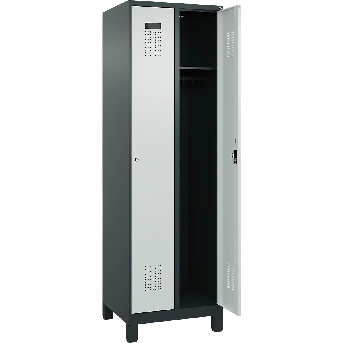 Vestiaire C+P Evolo Plus, 2 compartiments, largeur des compartiments 300 mm, avec pieds, charnières à droite, serrure à cylindre, L 600 x P 500 x H 1950 mm, gris anthracite/gris clair