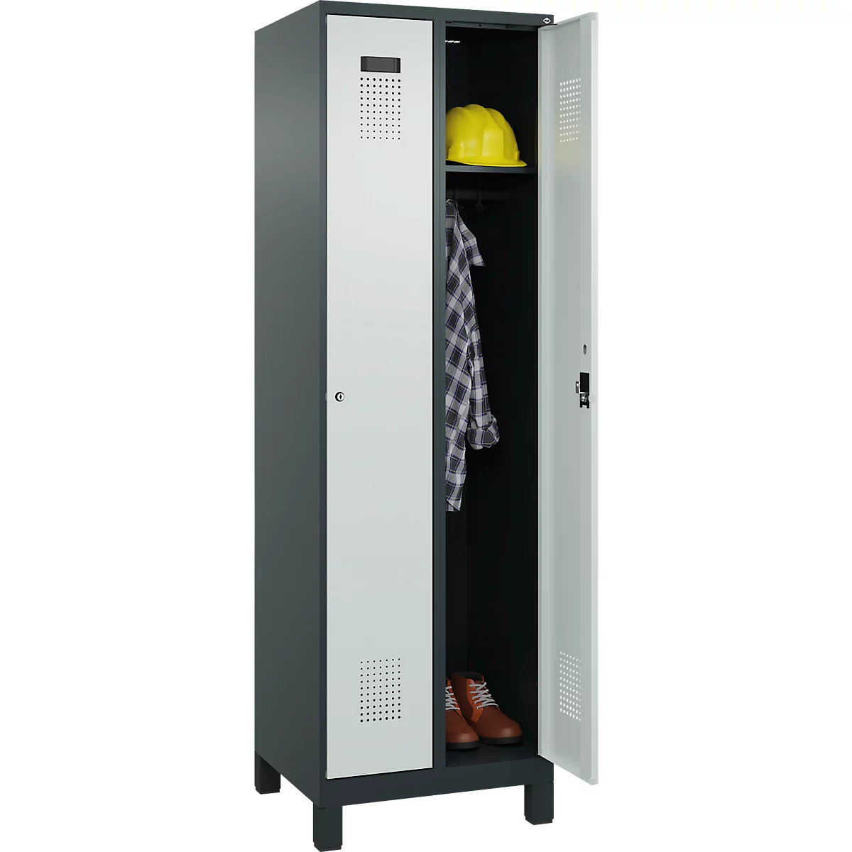 Vestiaire C+P Evolo Plus, 2 compartiments, largeur des compartiments 300 mm, avec pieds, charnières à droite, serrure à cylindre, L 600 x P 500 x H 1950 mm, gris anthracite/gris clair