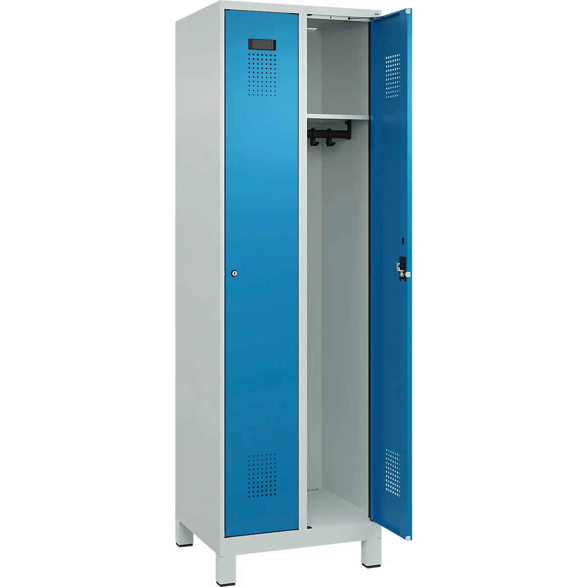Vestiaire C+P Evolo Plus, 2 compartiments, largeur des compartiments 300 mm, avec pieds, charnières à droite, serrure à cylindre, L 600 x P 500 x H 1950 mm, gris clair/bleu clair