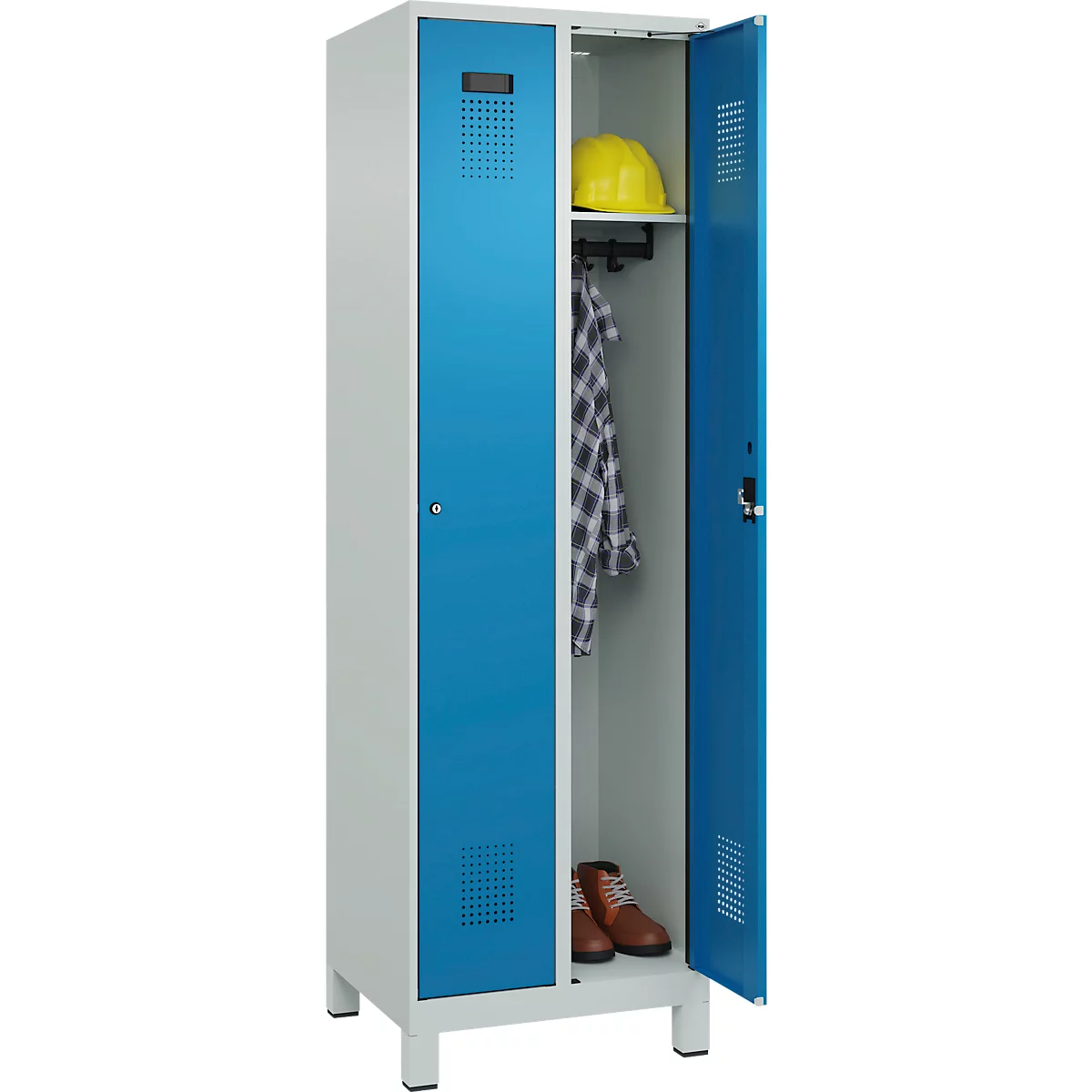 Vestiaire C+P Evolo Plus, 2 compartiments, largeur des compartiments 300 mm, avec pieds, charnières à droite, serrure à cylindre, L 600 x P 500 x H 1950 mm, gris clair/bleu clair