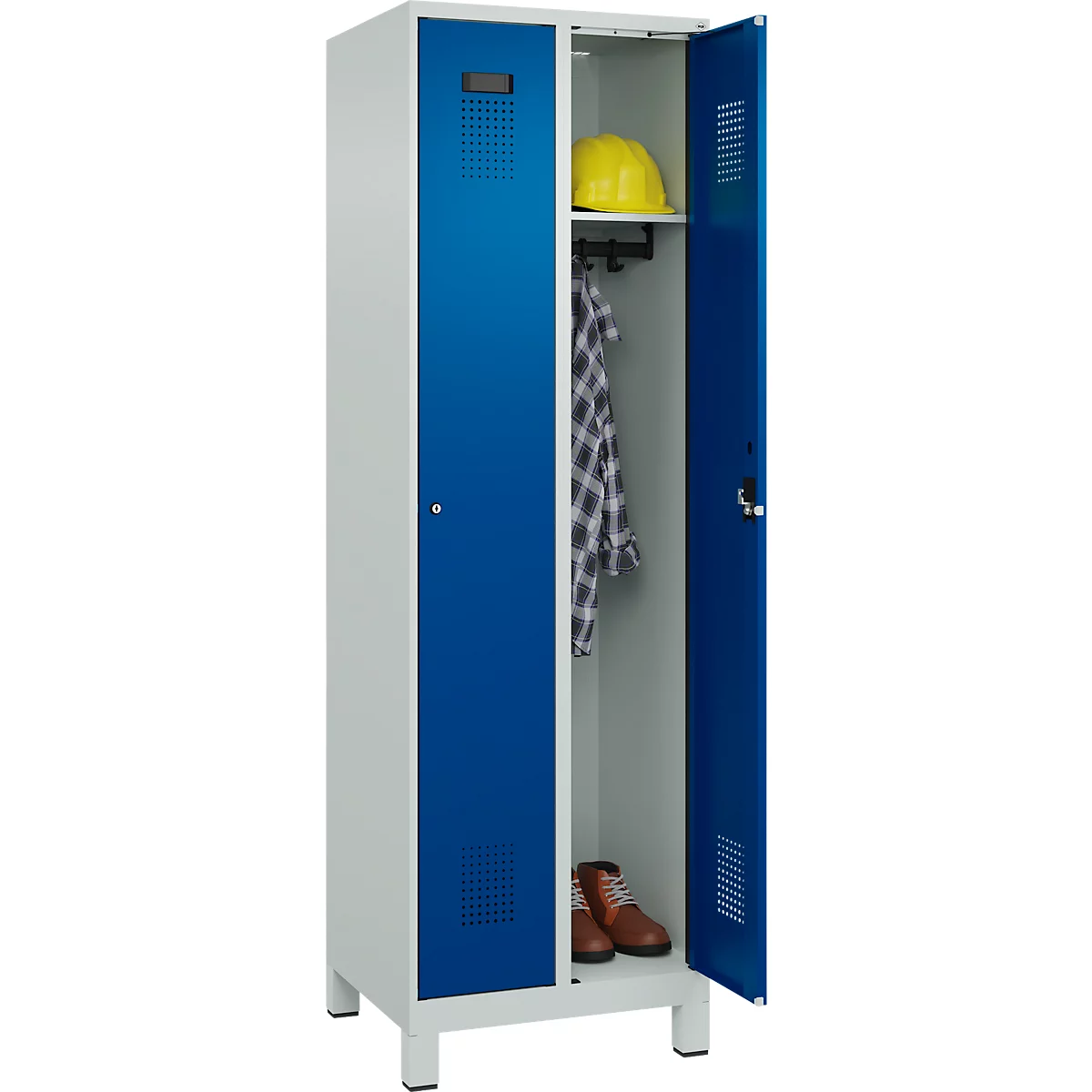 Vestiaire C+P Evolo Plus, 2 compartiments, largeur des compartiments 300 mm, avec pieds, charnières à droite, serrure à cylindre, L 600 x P 500 x H 1950 mm, gris clair/bleu gentiane