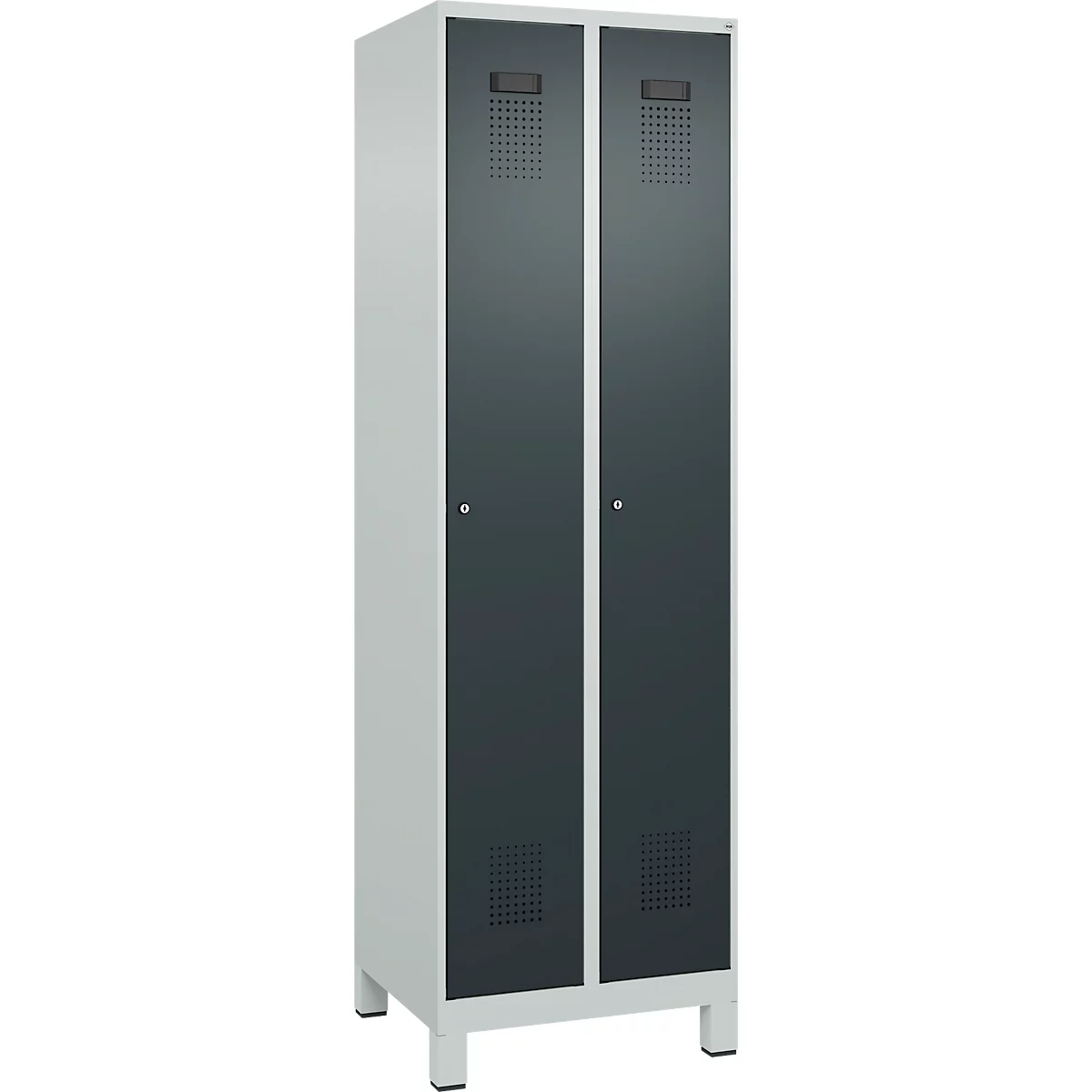 Vestiaire C+P Evolo Plus, 2 compartiments, largeur des compartiments 300 mm, avec pieds, charnières à droite, serrure à cylindre, L 600 x P 500 x H 1950 mm, gris clair/gris anthracite