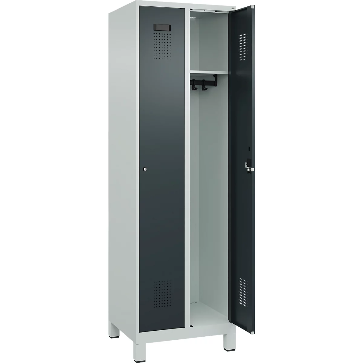 Vestiaire C+P Evolo Plus, 2 compartiments, largeur des compartiments 300 mm, avec pieds, charnières à droite, serrure à cylindre, L 600 x P 500 x H 1950 mm, gris clair/gris anthracite