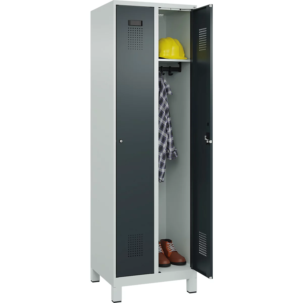 Vestiaire C+P Evolo Plus, 2 compartiments, largeur des compartiments 300 mm, avec pieds, charnières à droite, serrure à cylindre, L 600 x P 500 x H 1950 mm, gris clair/gris anthracite