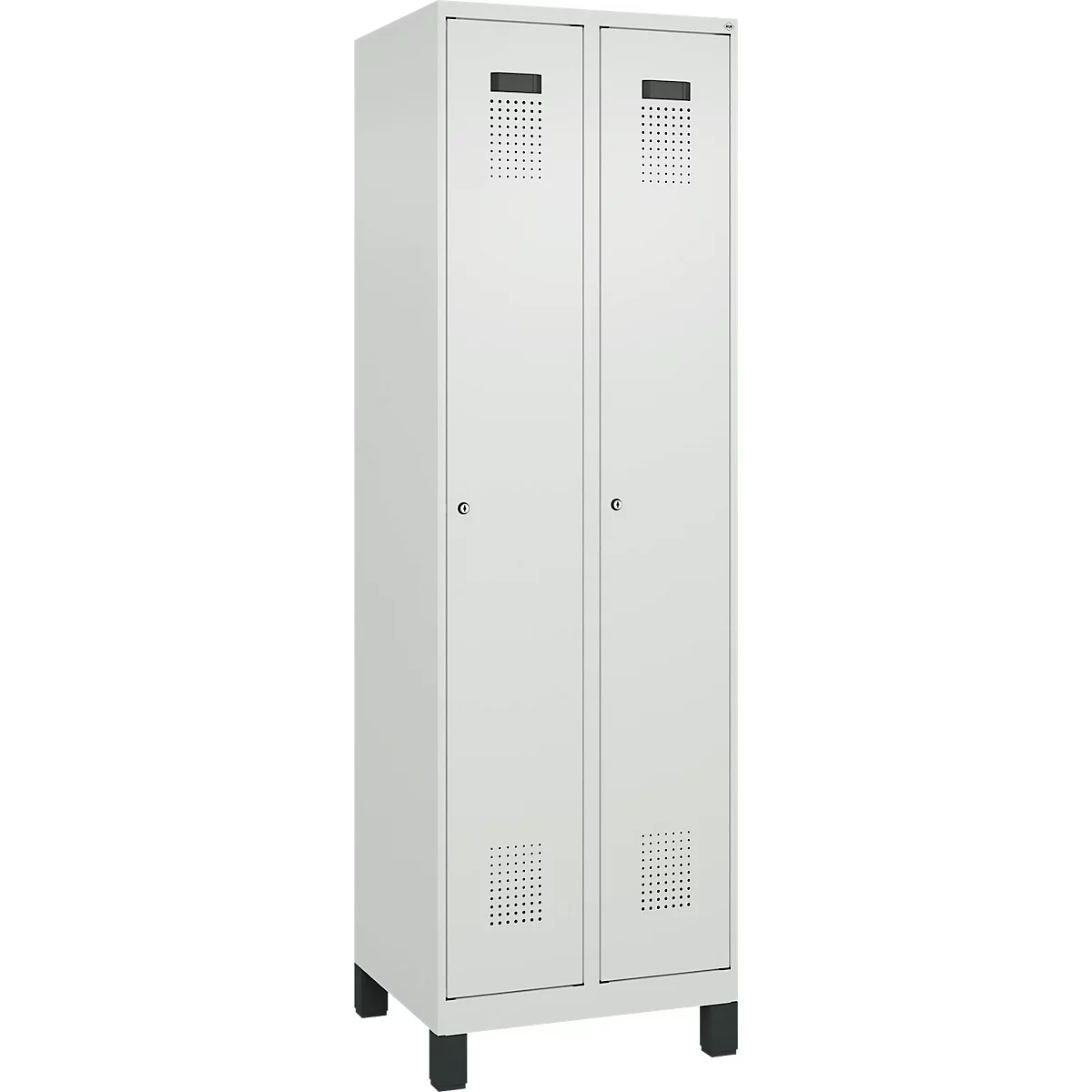 Vestiaire C+P Evolo Plus, 2 compartiments, largeur des compartiments 300 mm, avec pieds, charnières à droite, serrure à cylindre, L 600 x P 500 x H 1950 mm, gris clair/gris clair