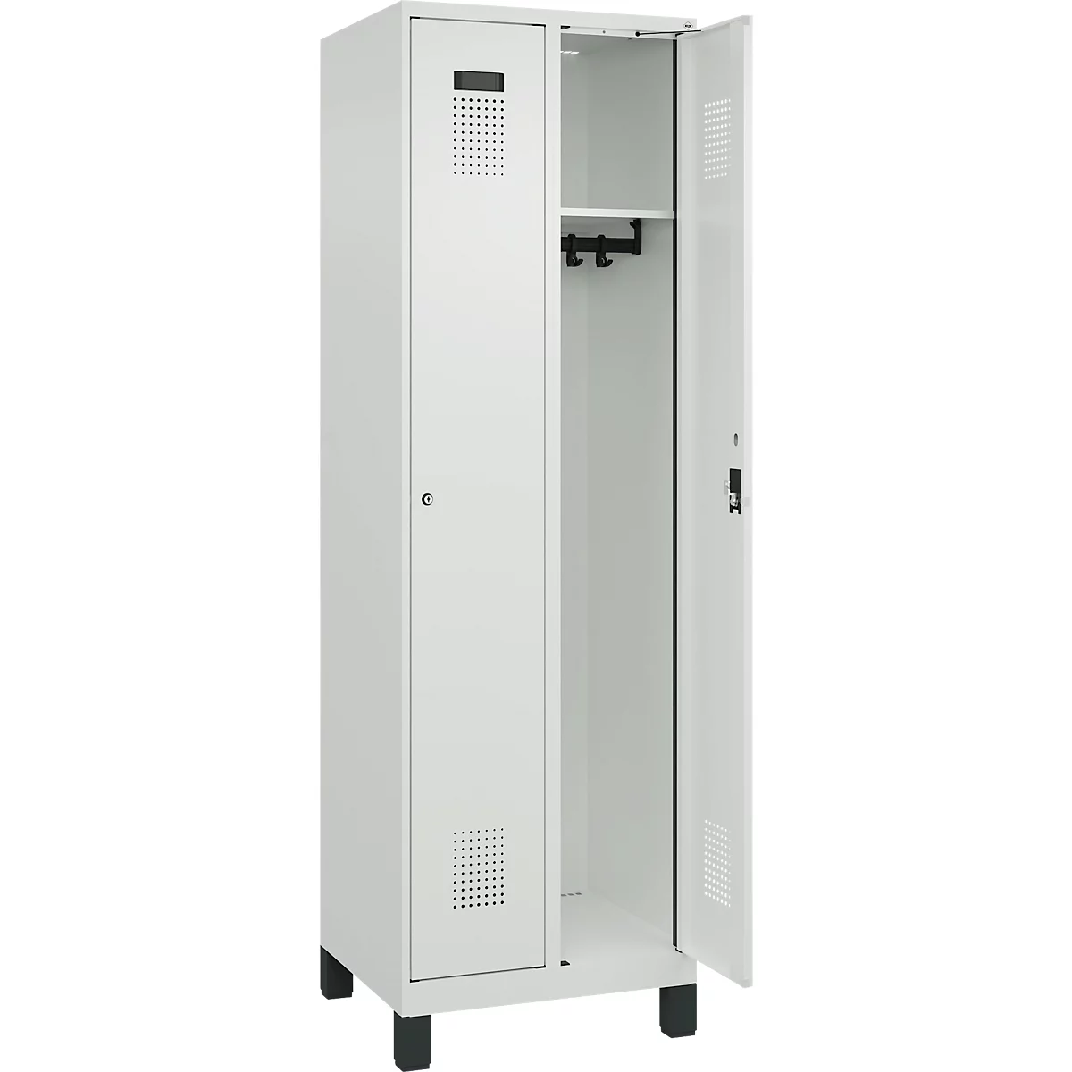 Vestiaire C+P Evolo Plus, 2 compartiments, largeur des compartiments 300 mm, avec pieds, charnières à droite, serrure à cylindre, L 600 x P 500 x H 1950 mm, gris clair/gris clair