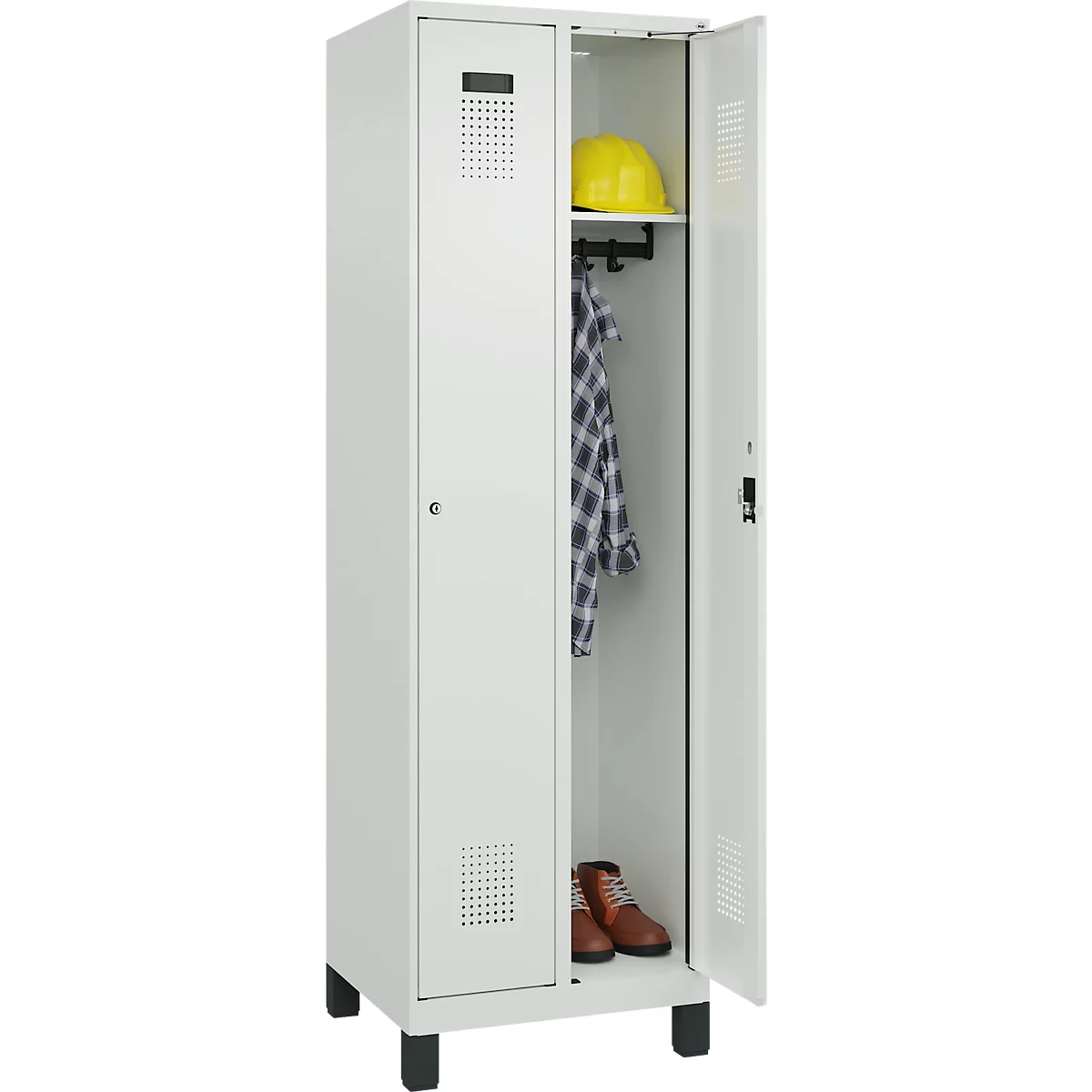 Vestiaire C+P Evolo Plus, 2 compartiments, largeur des compartiments 300 mm, avec pieds, charnières à droite, serrure à cylindre, L 600 x P 500 x H 1950 mm, gris clair/gris clair