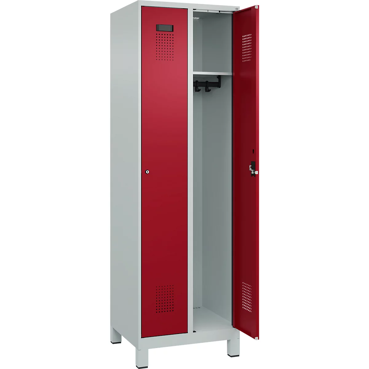 Vestiaire C+P Evolo Plus, 2 compartiments, largeur des compartiments 300 mm, avec pieds, charnières à droite, serrure à cylindre, L 600 x P 500 x H 1950 mm, gris clair/rouge rubis