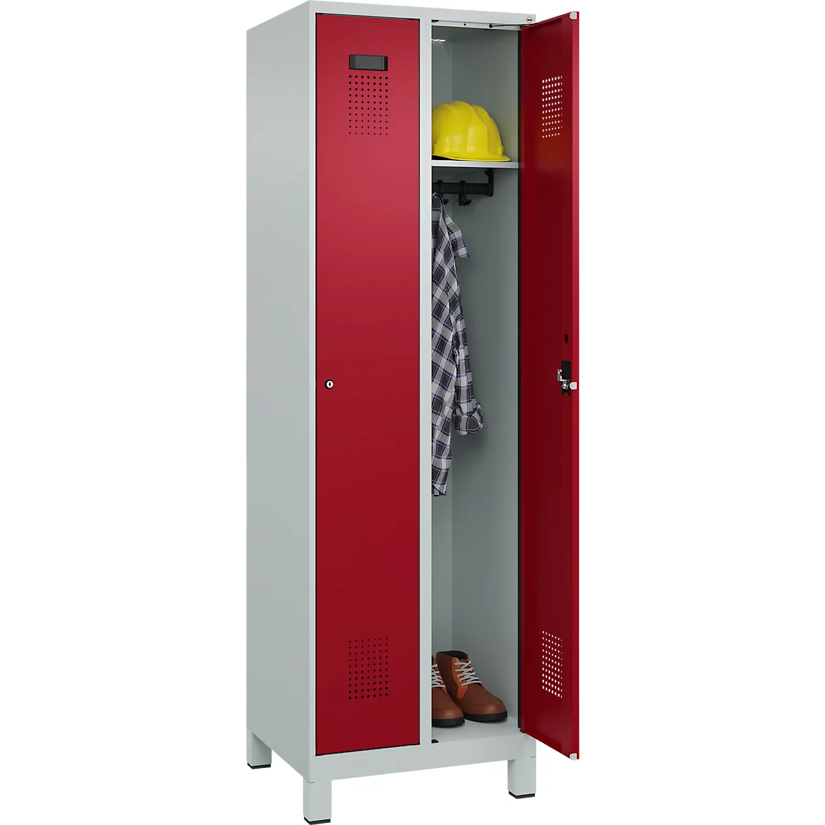 Vestiaire C+P Evolo Plus, 2 compartiments, largeur des compartiments 300 mm, avec pieds, charnières à droite, serrure à cylindre, L 600 x P 500 x H 1950 mm, gris clair/rouge rubis