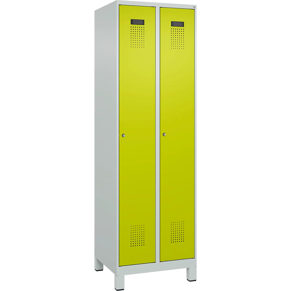 Vestiaire C+P Evolo Plus, 2 compartiments, largeur des compartiments 300 mm, avec pieds, charnières à droite, serrure à cylindre, L 600 x P 500 x H 1950 mm, gris clair/vert clown