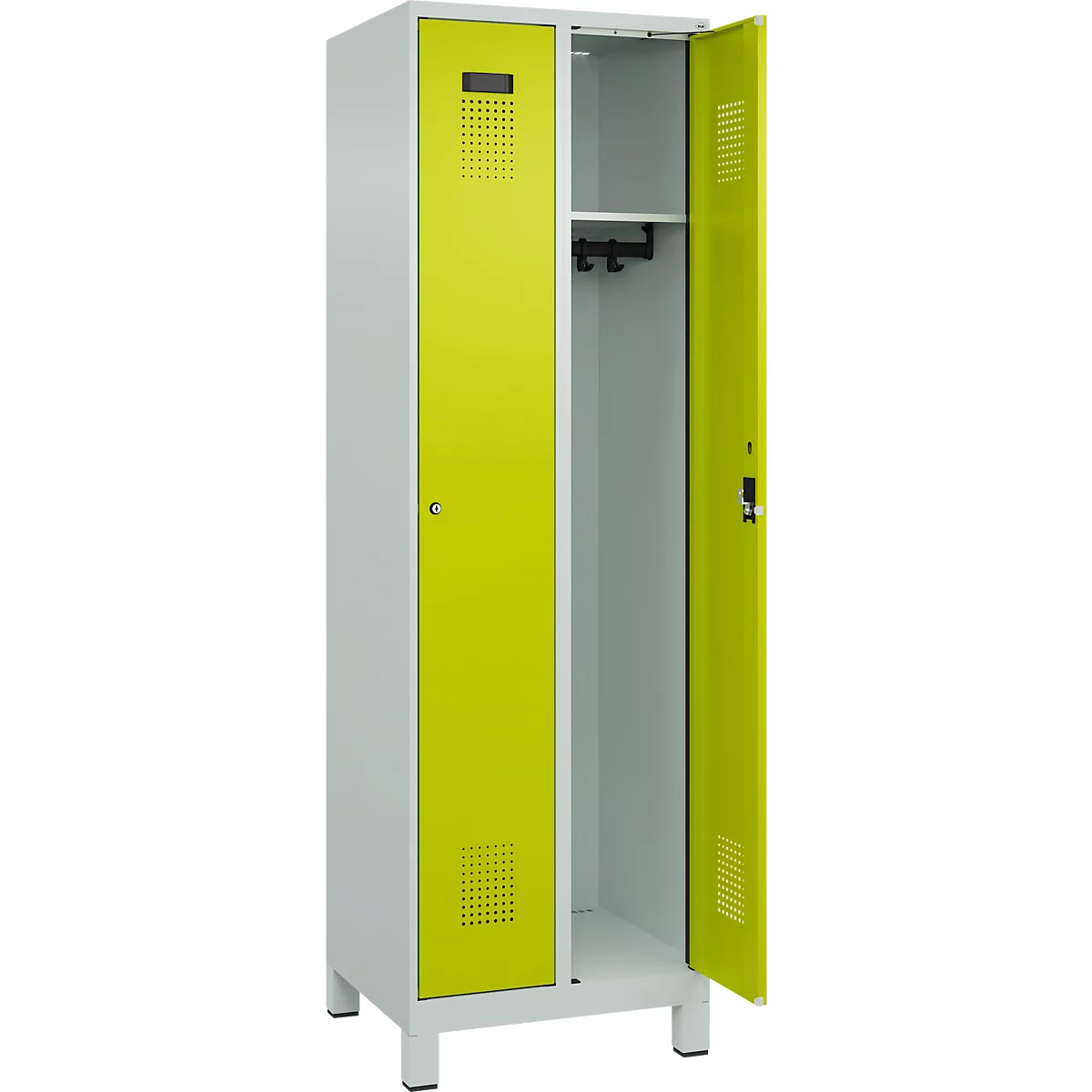 Vestiaire C+P Evolo Plus, 2 compartiments, largeur des compartiments 300 mm, avec pieds, charnières à droite, serrure à cylindre, L 600 x P 500 x H 1950 mm, gris clair/vert clown
