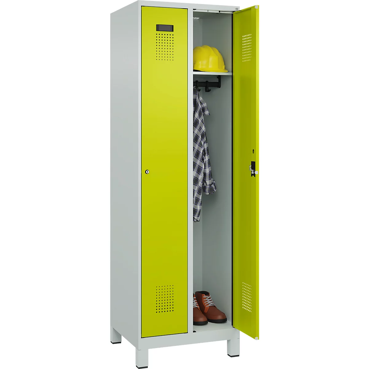 Vestiaire C+P Evolo Plus, 2 compartiments, largeur des compartiments 300 mm, avec pieds, charnières à droite, serrure à cylindre, L 600 x P 500 x H 1950 mm, gris clair/vert clown