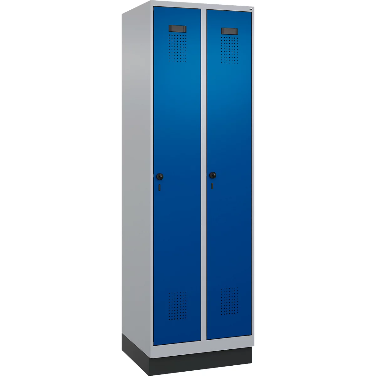 Vestiaire C+P Evolo Plus, 2 compartiments, largeur des compartiments 300 mm, avec socle, butée à droite, verrou rotatif de sécurité, butée Soft, anti-effraction, L 600 x P 500 x H 1950 mm, aluminium blanc RAL 9006/bleu enzyme RAL 5010